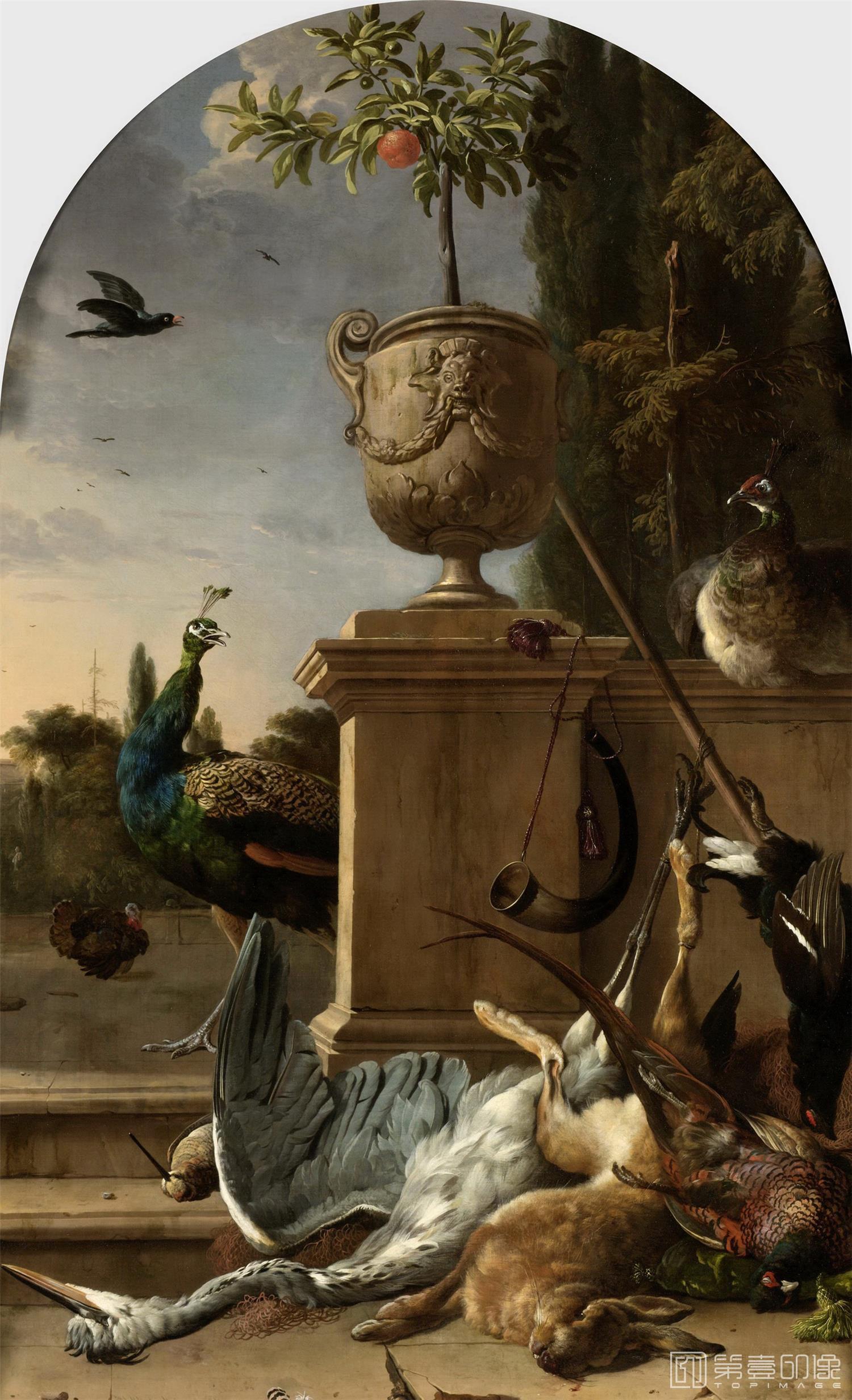 油画-荷兰阿姆斯特丹国家美术馆-Hondecoeter Melchior d Jachtbuit bij een bordes 1678-0662